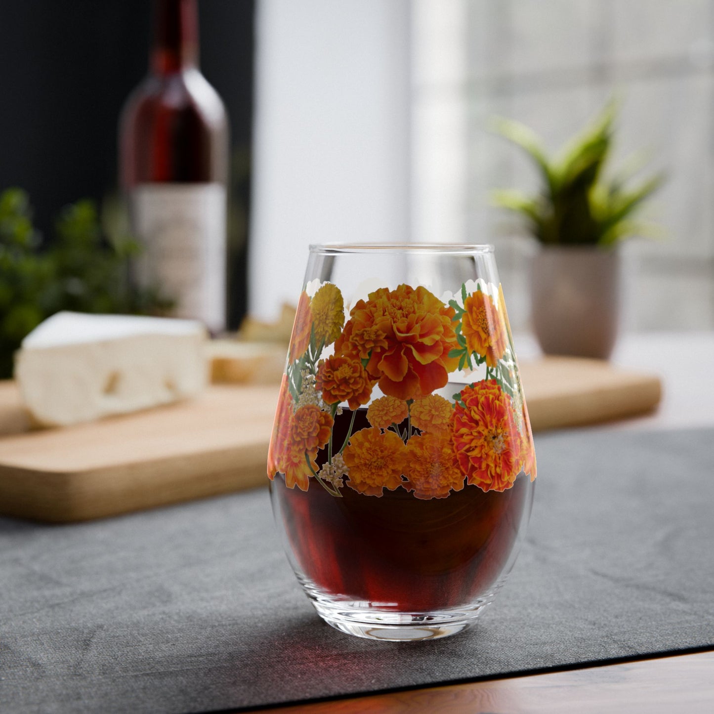 October Birth Month Flower - Marigold Bouquet Stemless Wine Glass — 11.75oz