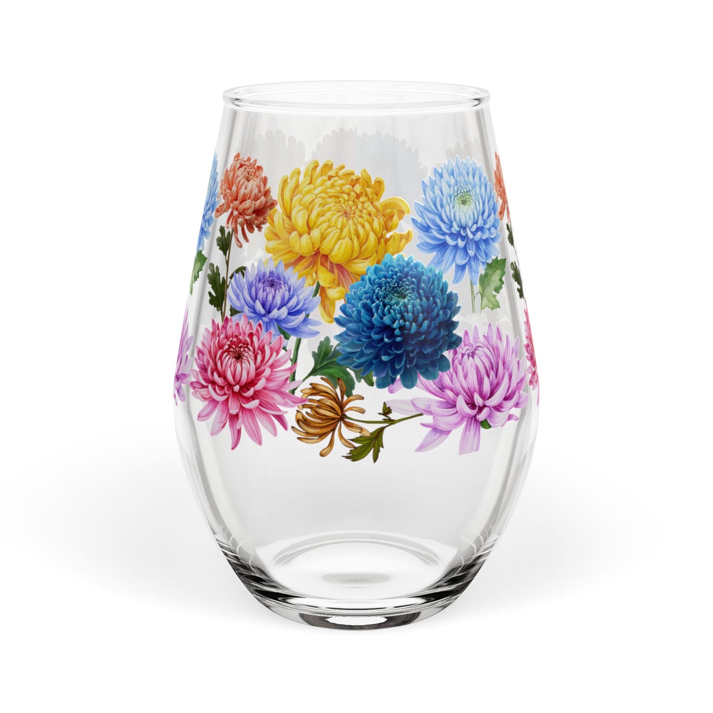 November Birth Month Flower - Chrysanthemum Bouquet Stemless Wine Glass — 11.75oz