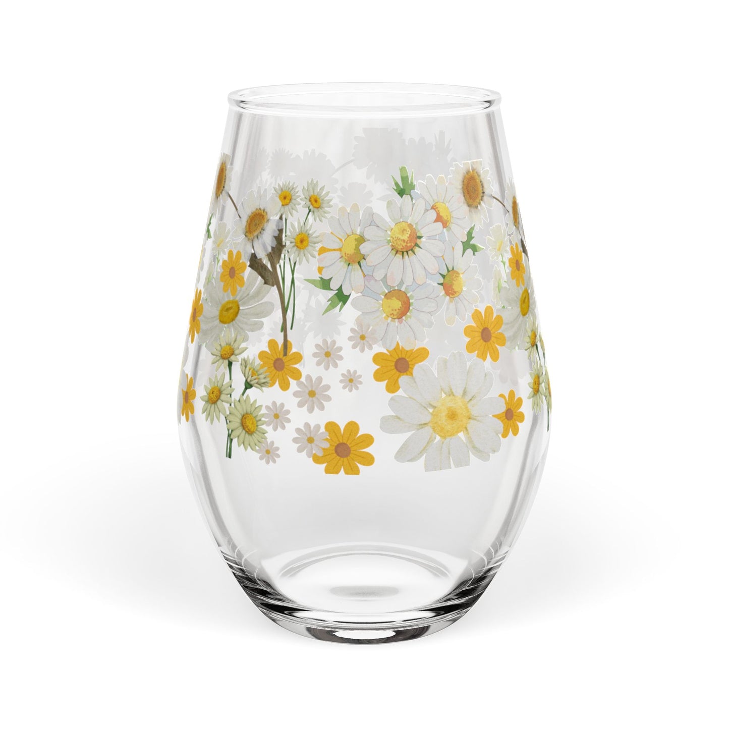 April Birth Month Flower - Daisy Bouquet Stemless Wine Glass — 11.75oz