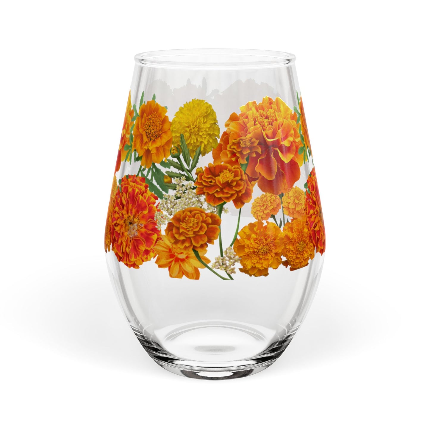 October Birth Month Flower - Marigold Bouquet Stemless Wine Glass — 11.75oz