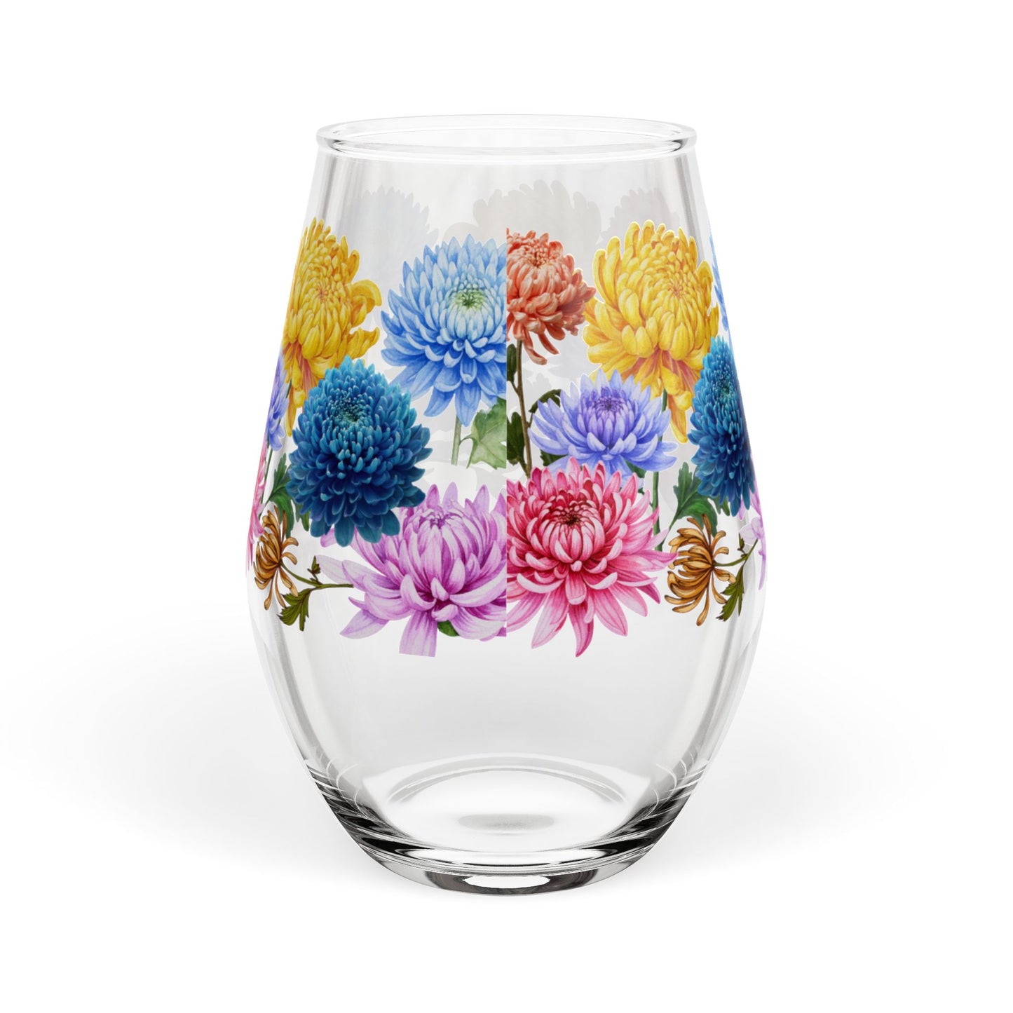November Birth Month Flower - Chrysanthemum Bouquet Stemless Wine Glass — 11.75oz