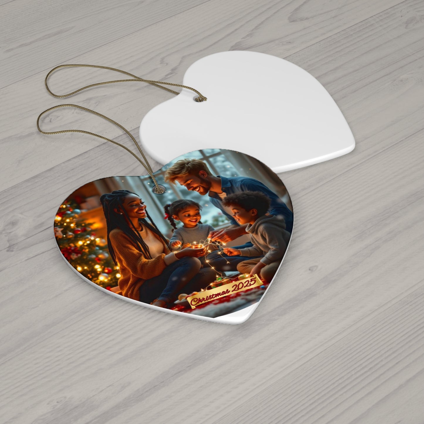 Ceramic Christmas Ornament | Multiracial Family | Black Mom, White Dad, Two Kids