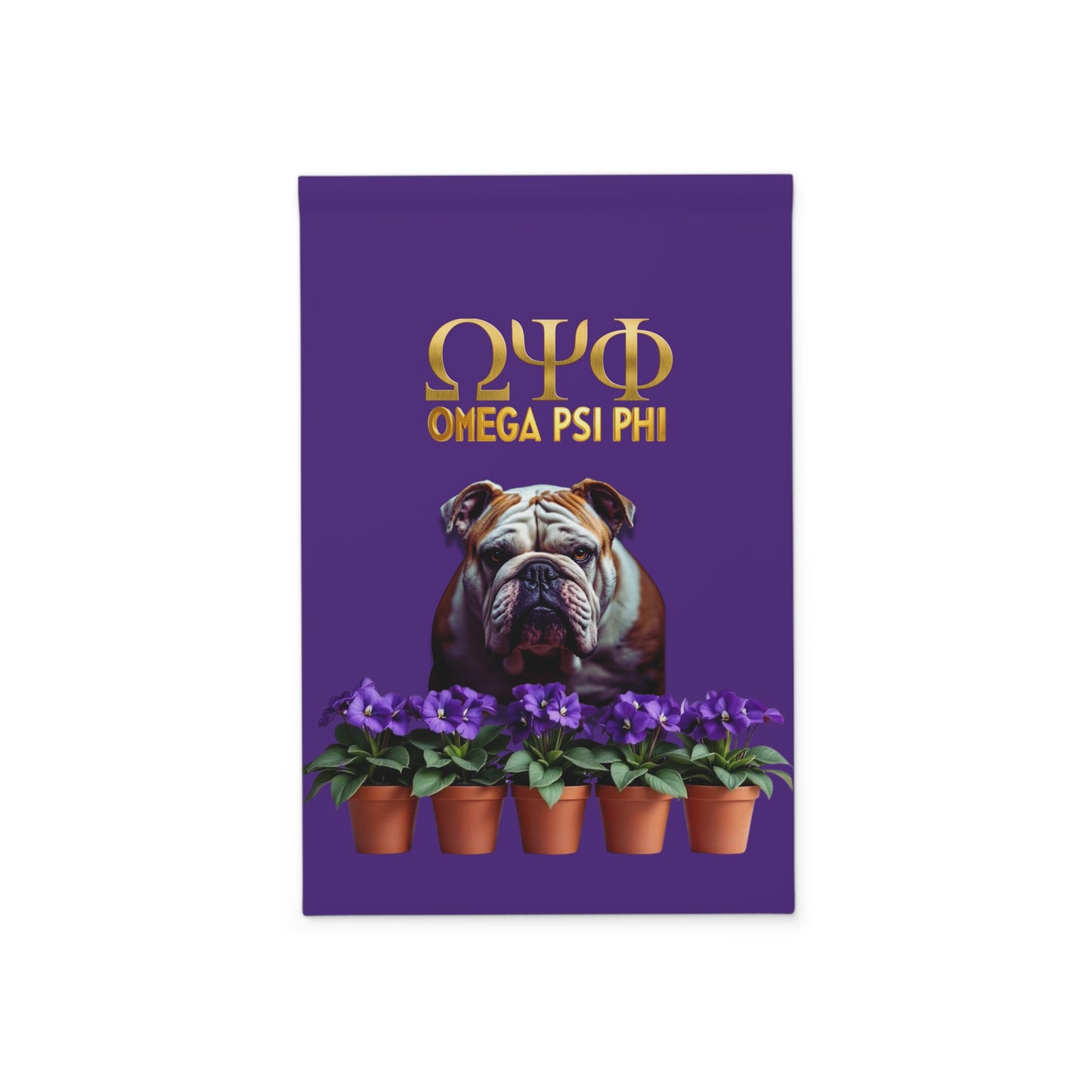 Omega Psi Phi Bulldog Garden Banner with Potted African Violets – Fraternity Pride Outdoor Decor 
