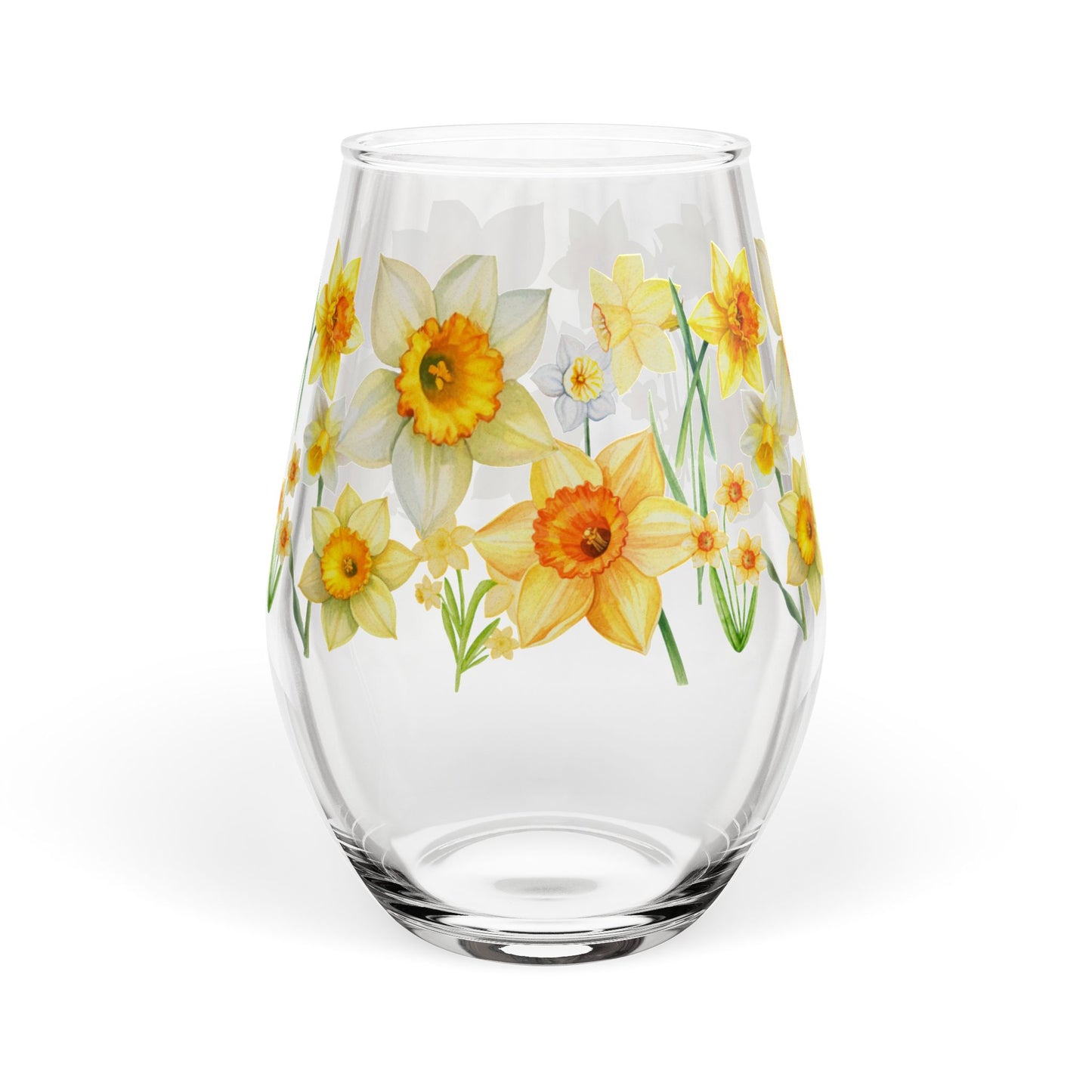 March Birth Month Flower - Daffodil Bouquet Stemless Wine Glass — 11.75oz