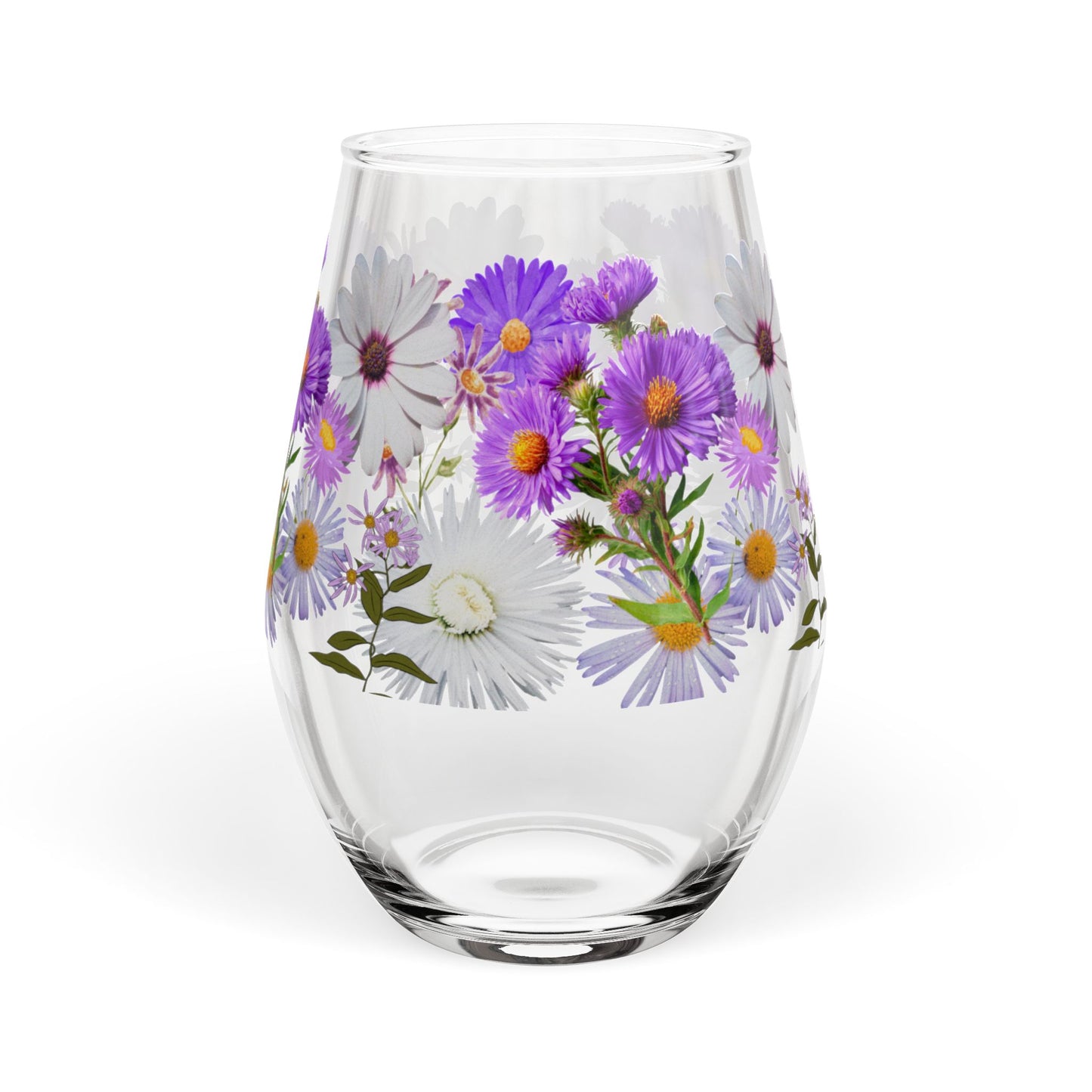 September Birth Month Flower - Aster Bouquet Stemless Wine Glass — 11.75oz