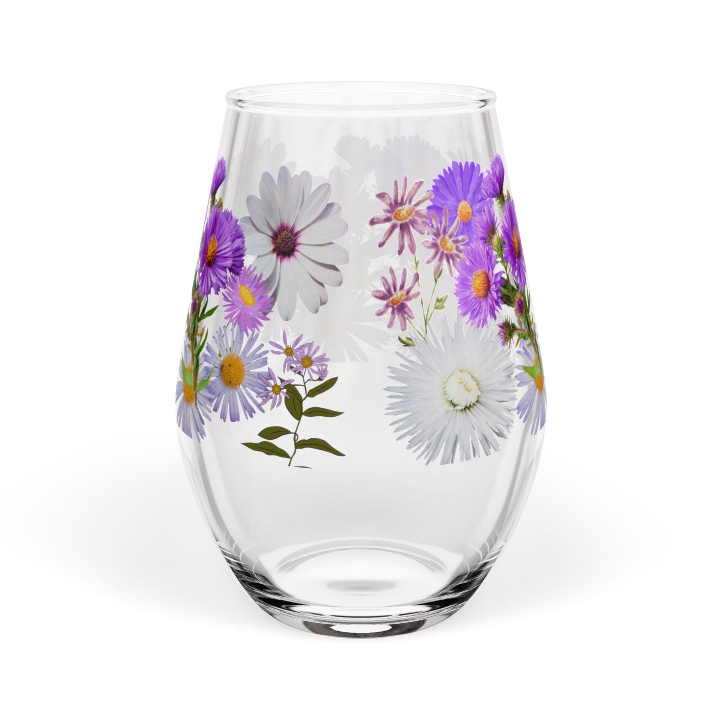 September Birth Month Flower - Aster Bouquet Stemless Wine Glass — 11.75oz