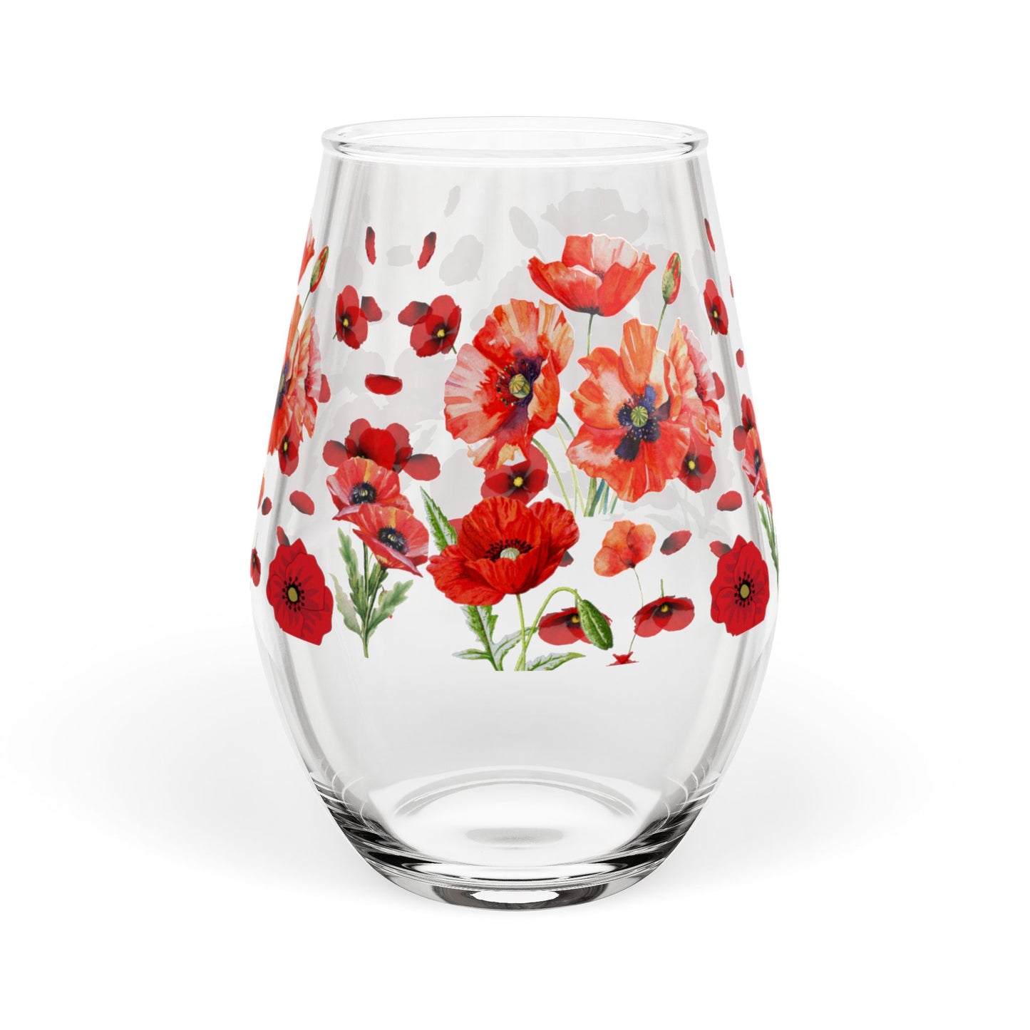 August Birth Flower - Poppy Bouquet Stemless Wine Glass — 11.75oz