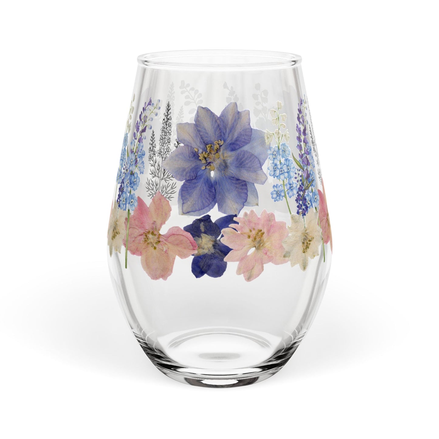 July Birth Month Flower - Larkspur Bouquet Stemless Wine Glass — 11.75oz