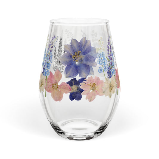 July Birth Month Flower - Larkspur Bouquet Stemless Wine Glass — 11.75oz