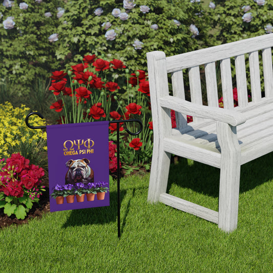 Omega Psi Phi Bulldog Garden Banner with Potted African Violets – Fraternity Pride Outdoor Decor 