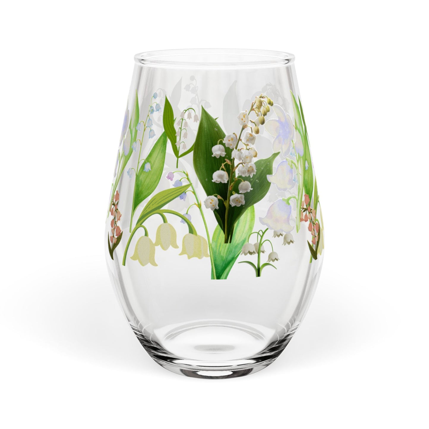May Birth Month Flower - Lily of the Valley Bouquet Stemless Wine Glass — 11.75oz
