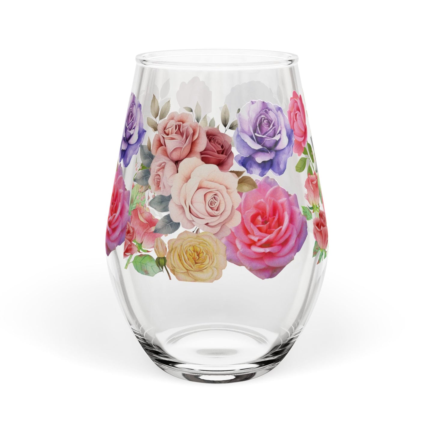 June Birth Month Rose Bouquet Stemless Wine Glass — 11.75oz