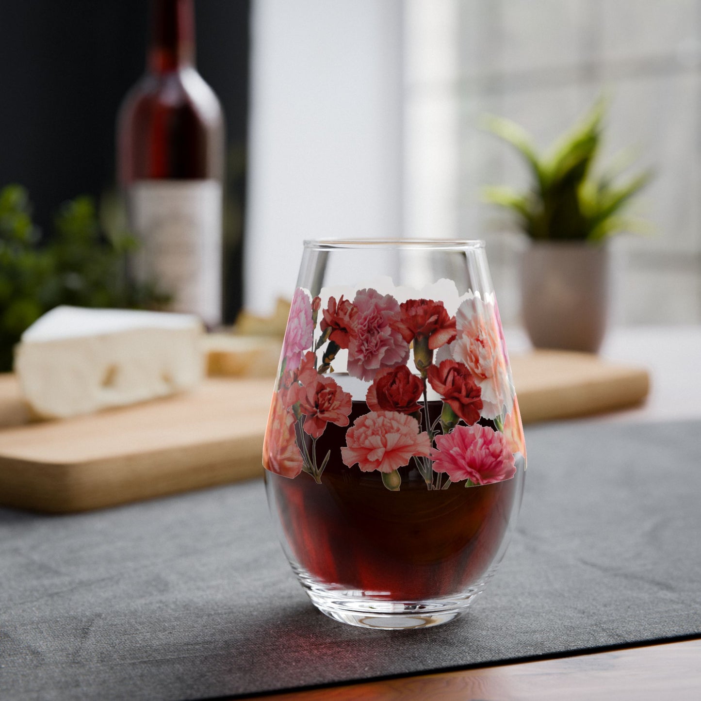 January Birth Month Flower - Carnation Bouquet Stemless Wine Glass —  11.75oz