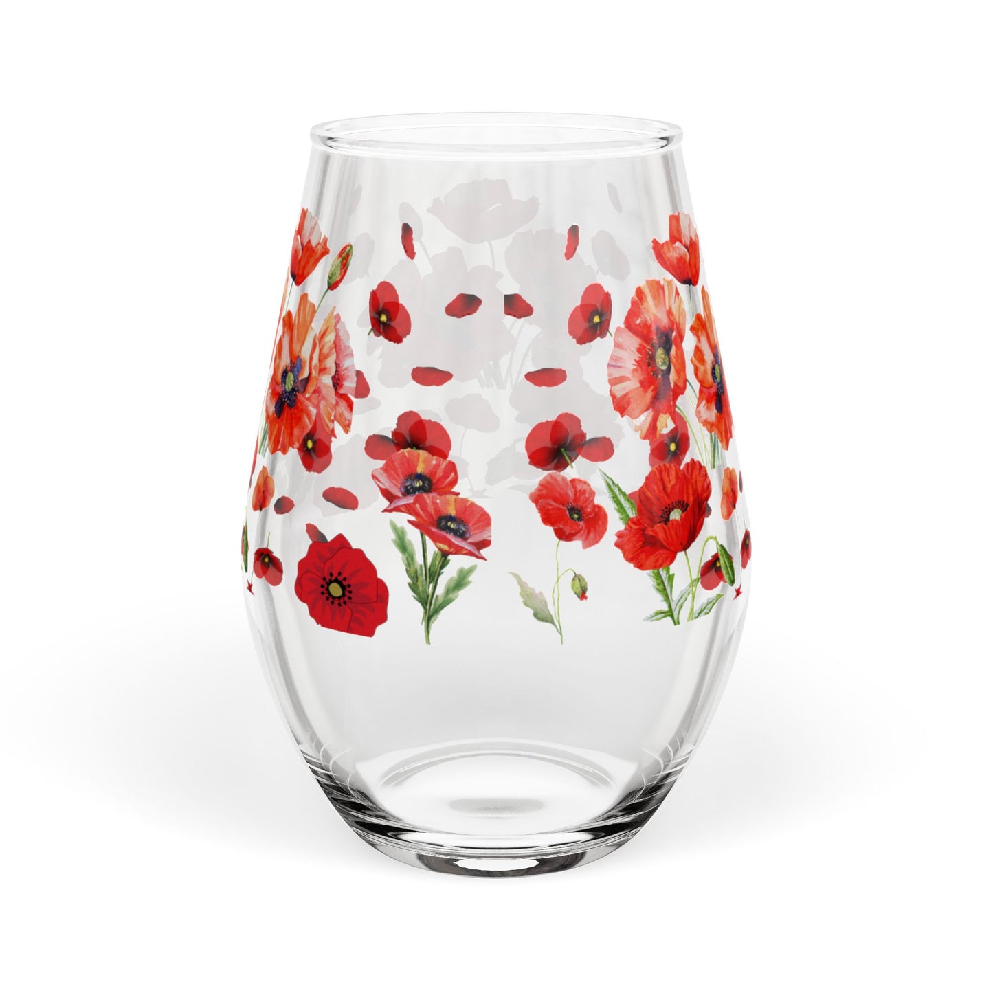 August Birth Flower - Poppy Bouquet Stemless Wine Glass — 11.75oz