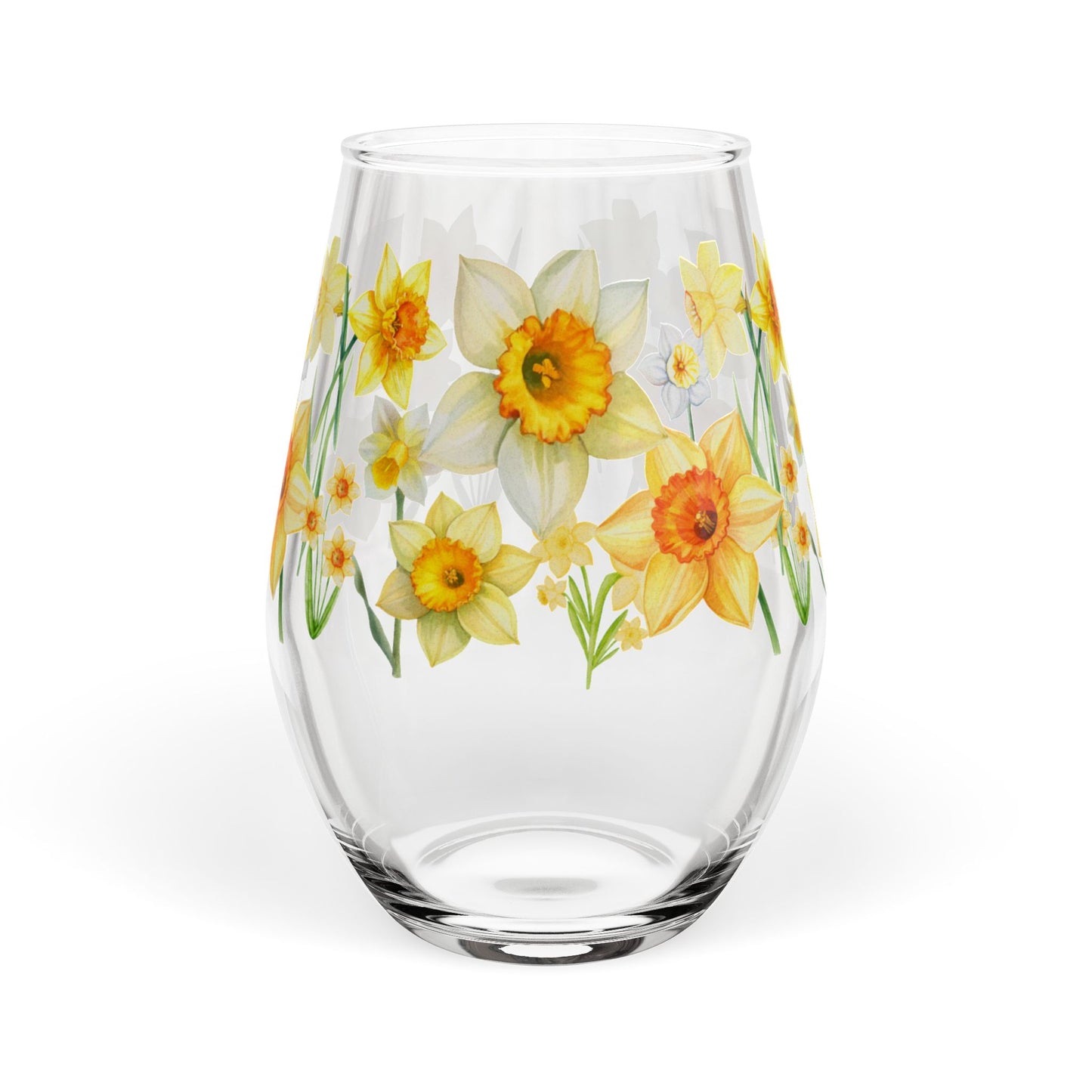 March Birth Month Flower - Daffodil Bouquet Stemless Wine Glass — 11.75oz