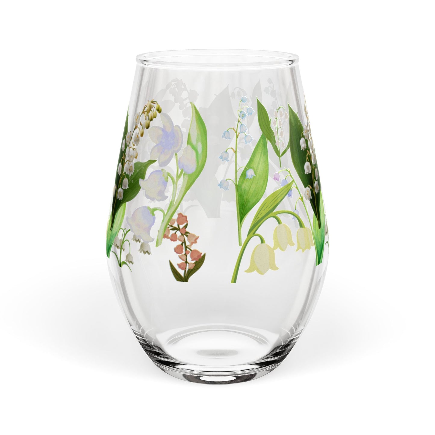 May Birth Month Flower - Lily of the Valley Bouquet Stemless Wine Glass — 11.75oz