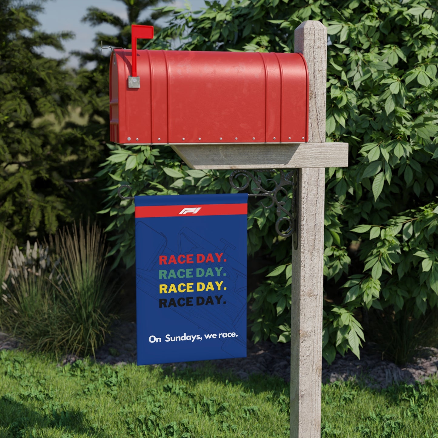 Race Day Garden Banner — "On Sundays We Race" Formula 1 Yard Flag