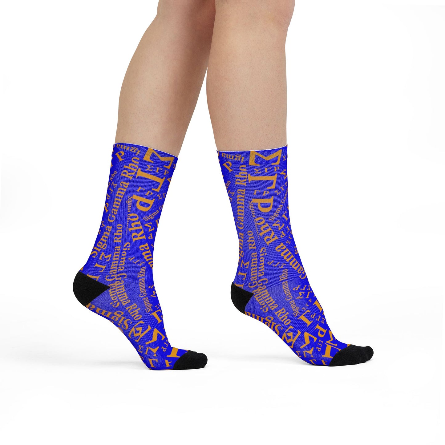 ΣΓΡ | Greek Letters Pattern | Paraphernalia | Gift Sigma Gamma Rho Blue & Gold Word-Cloud Crew Socks — Custom Sublimation