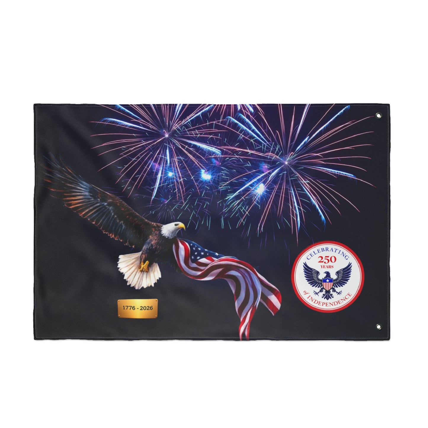 Bald Eagle with American Flag Double Sided Flag | 1776-2026 Fireworks | 1776-2026 Fireworks Flag | 250th Anniversary Flag