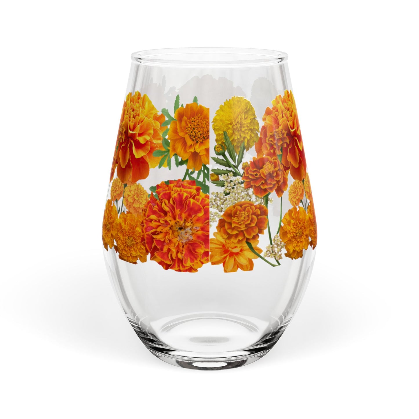 October Birth Month Flower - Marigold Bouquet Stemless Wine Glass — 11.75oz