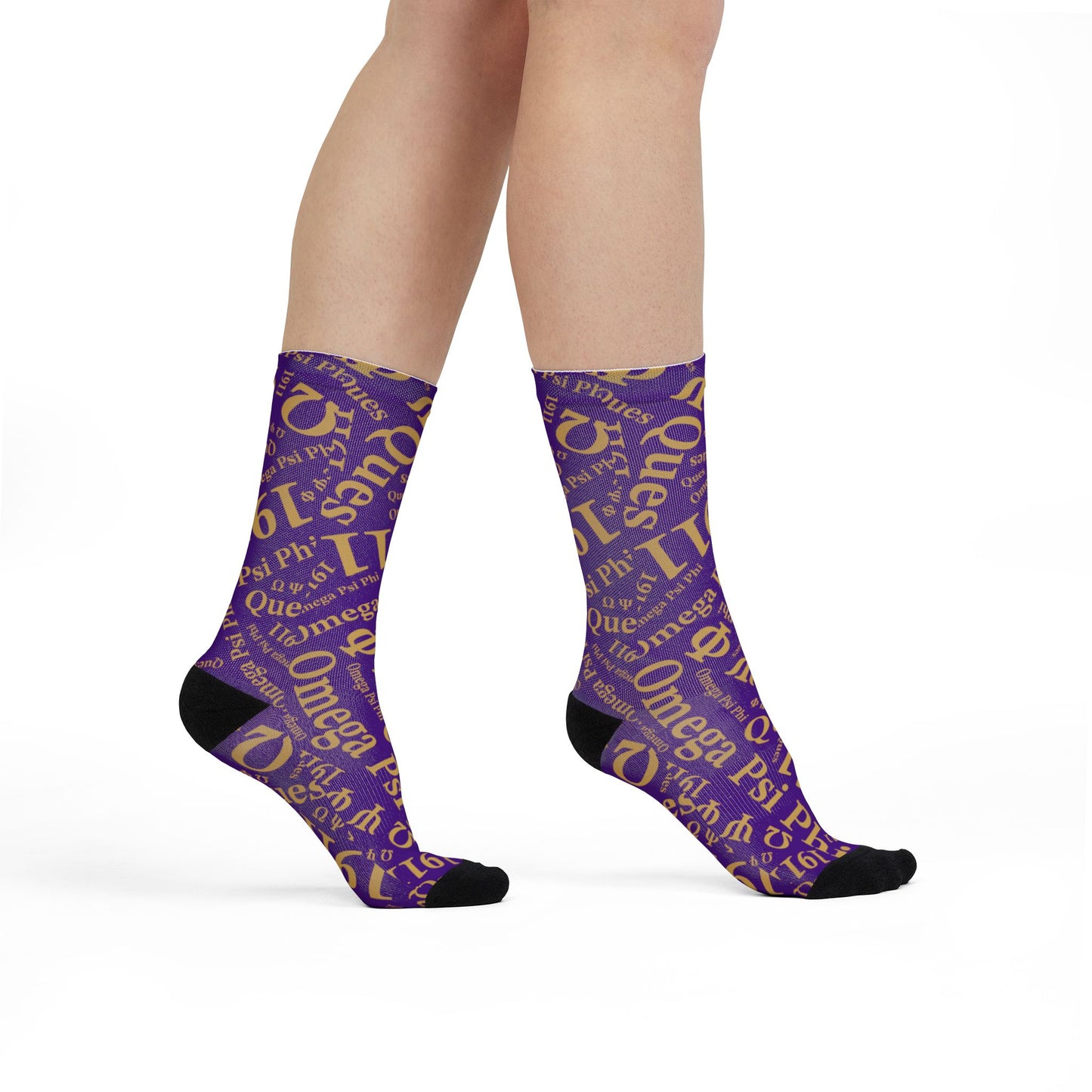 Omega Psi Phi Purple & Gold Patterned Crew Socks Ques Gear – Sublimation Greek Letter Design