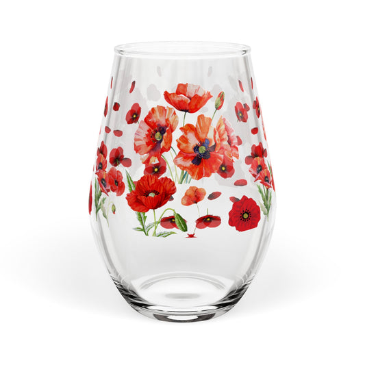 August Birth Flower - Poppy Bouquet Stemless Wine Glass — 11.75oz