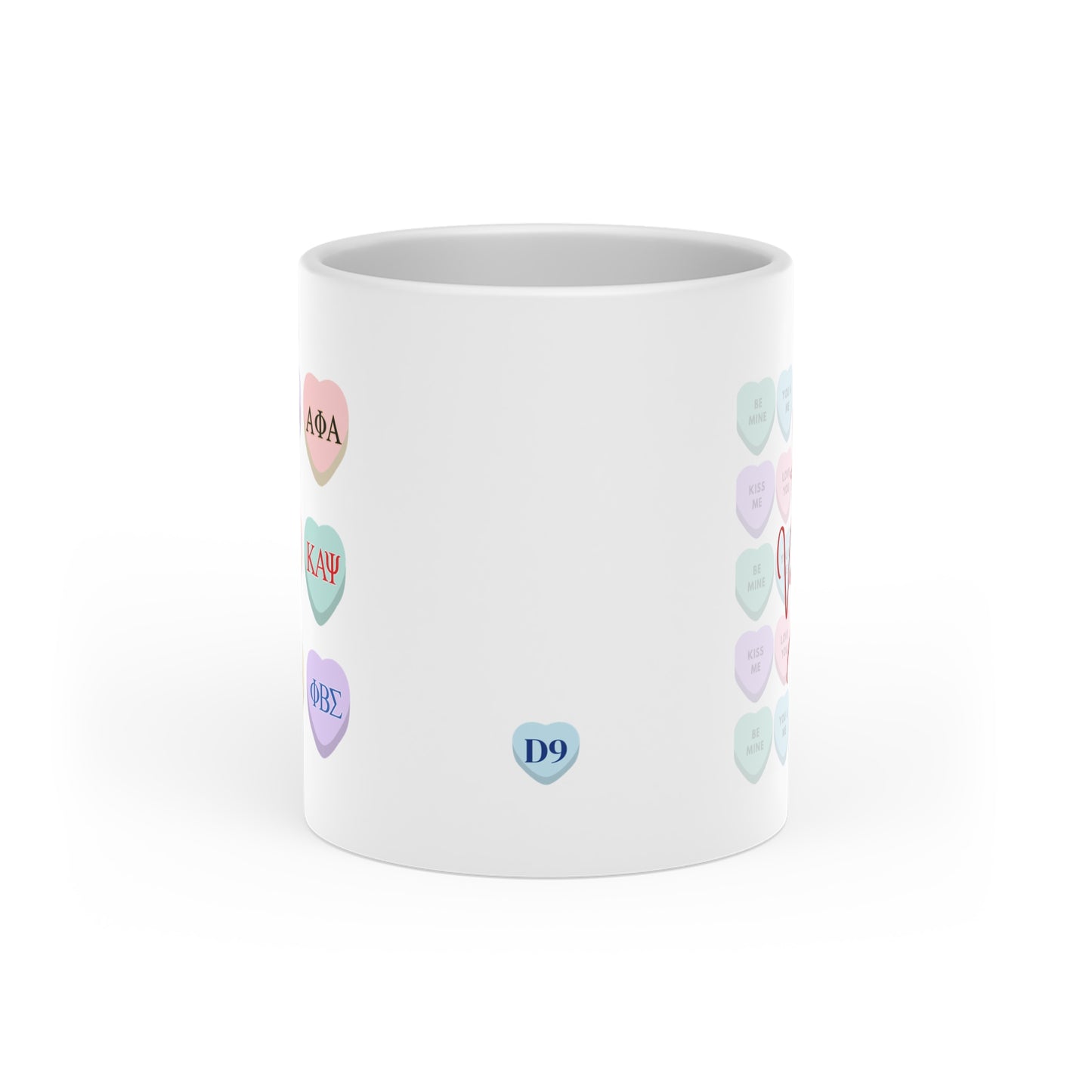 D9 Greek Letters Conversation Hearts Mug | Pastel D9 Sorority & Fraternity Gift, Divine Nine BGLO Coffee Cup, HBCU Paraphernalia