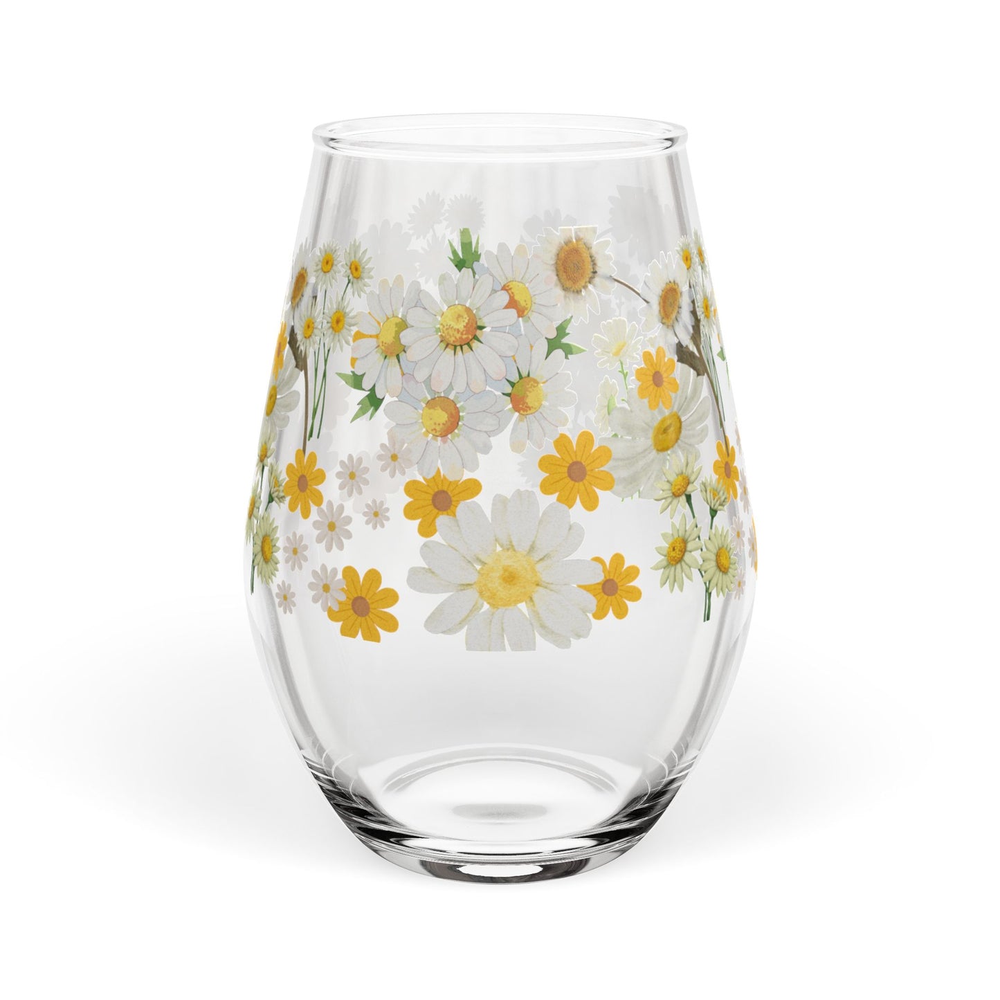 April Birth Month Flower - Daisy Bouquet Stemless Wine Glass — 11.75oz