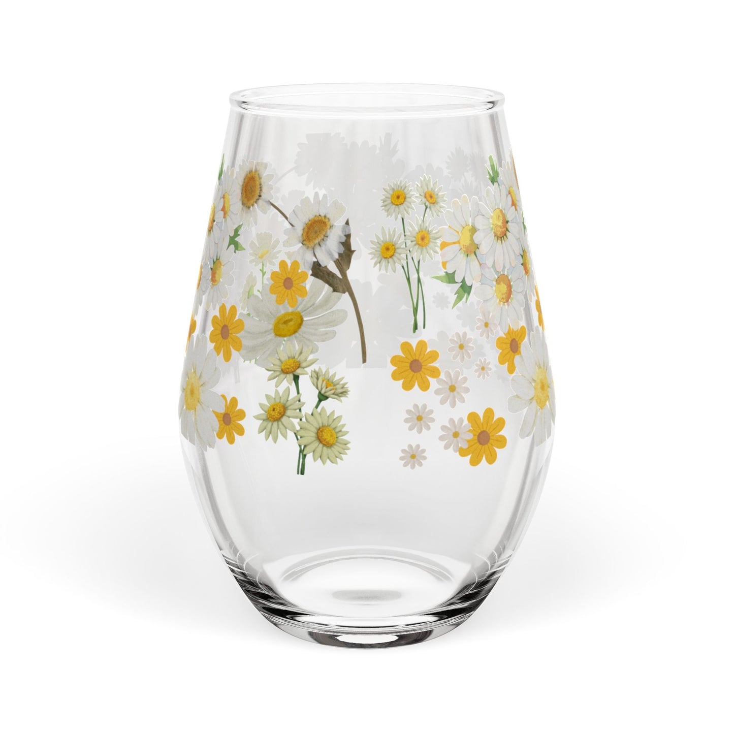 April Birth Month Flower - Daisy Bouquet Stemless Wine Glass — 11.75oz