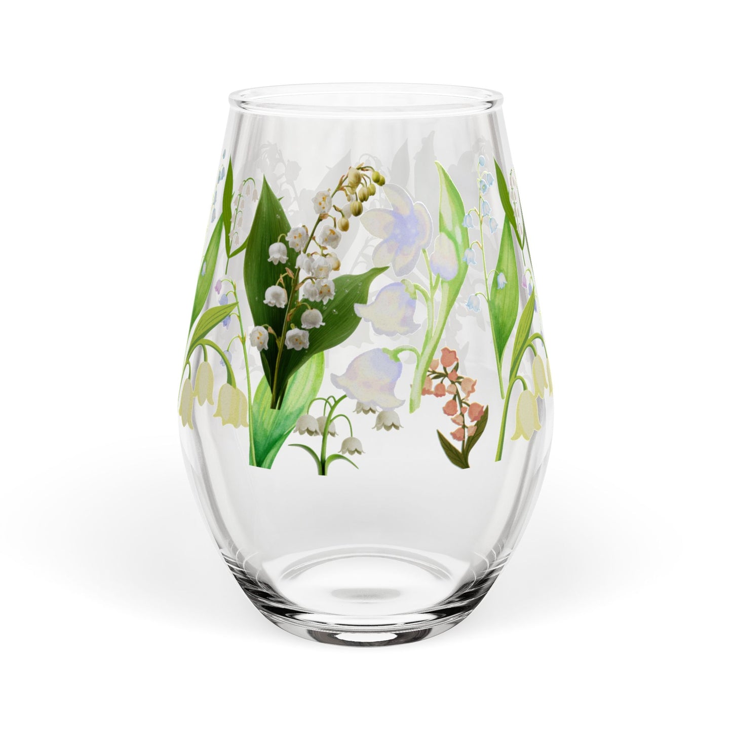 May Birth Month Flower - Lily of the Valley Bouquet Stemless Wine Glass — 11.75oz