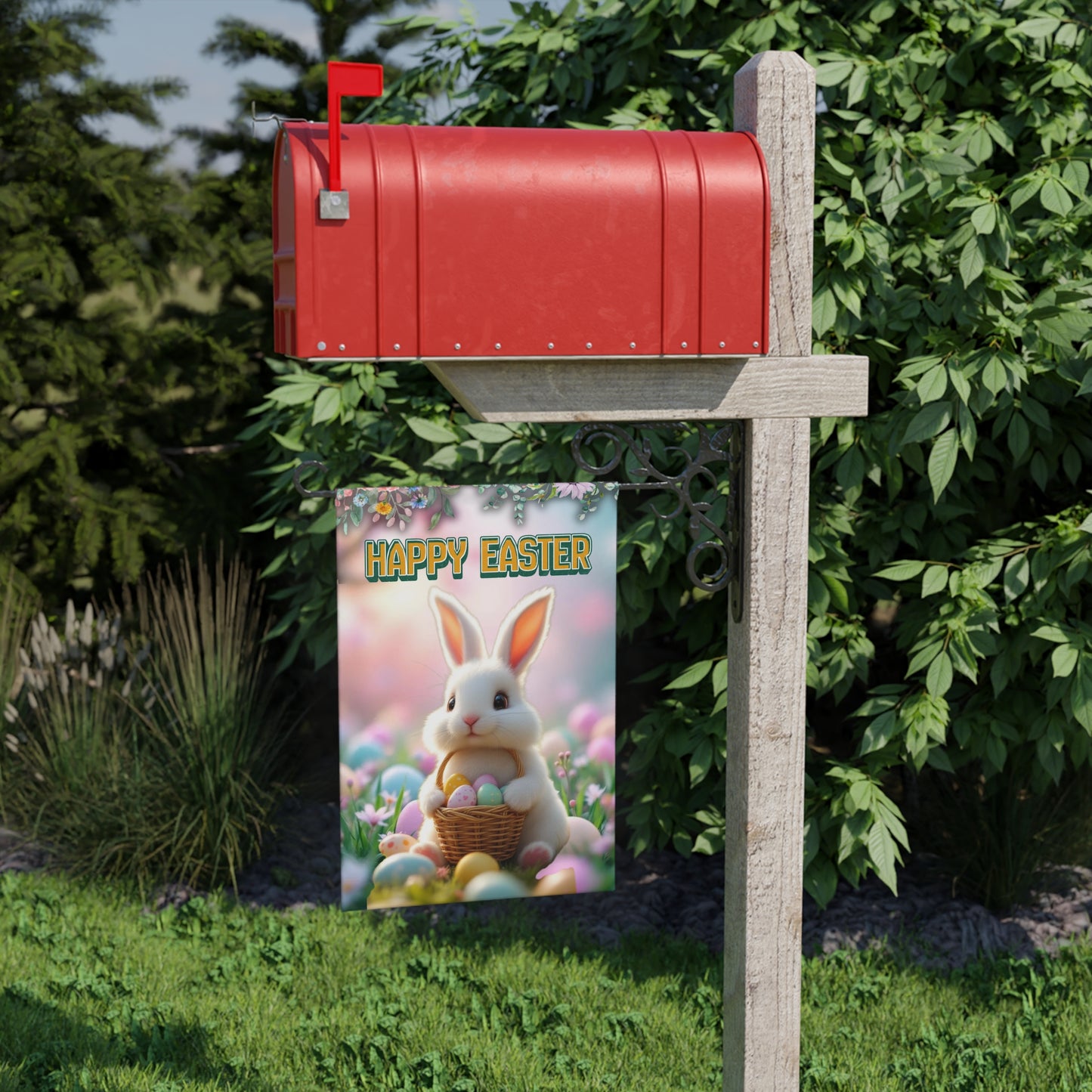 Happy Easter Bunny Garden Banner - Colorful Yard Flag with Pastel Eggs