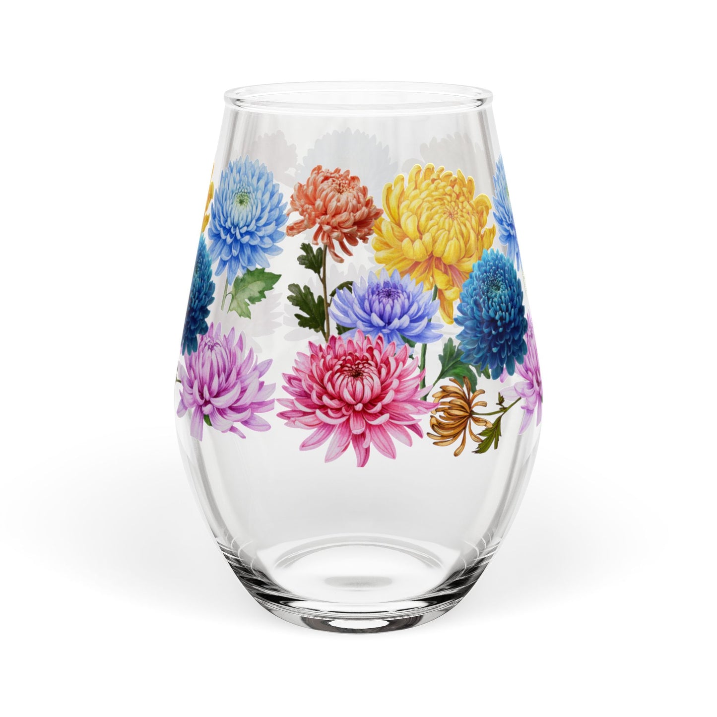 November Birth Month Flower - Chrysanthemum Bouquet Stemless Wine Glass — 11.75oz