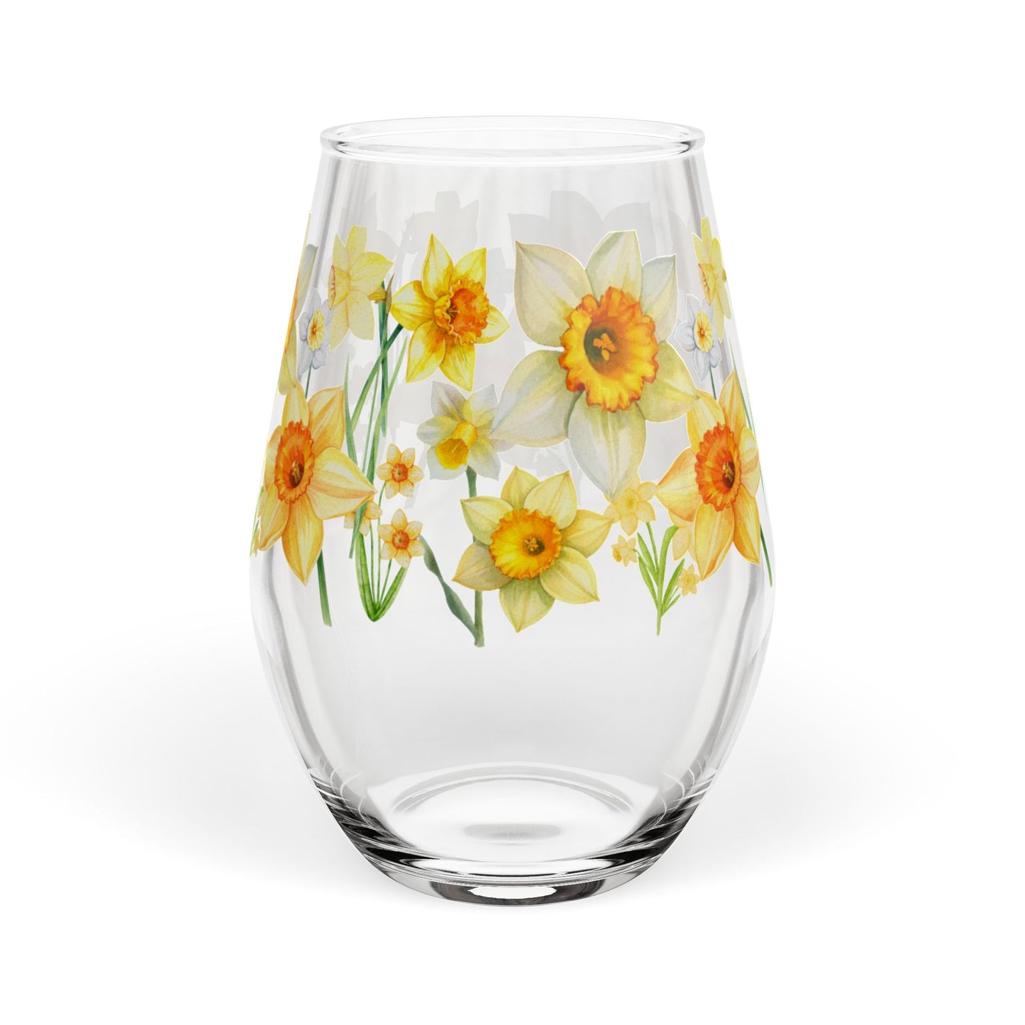 March Birth Month Flower - Daffodil Bouquet Stemless Wine Glass — 11.75oz