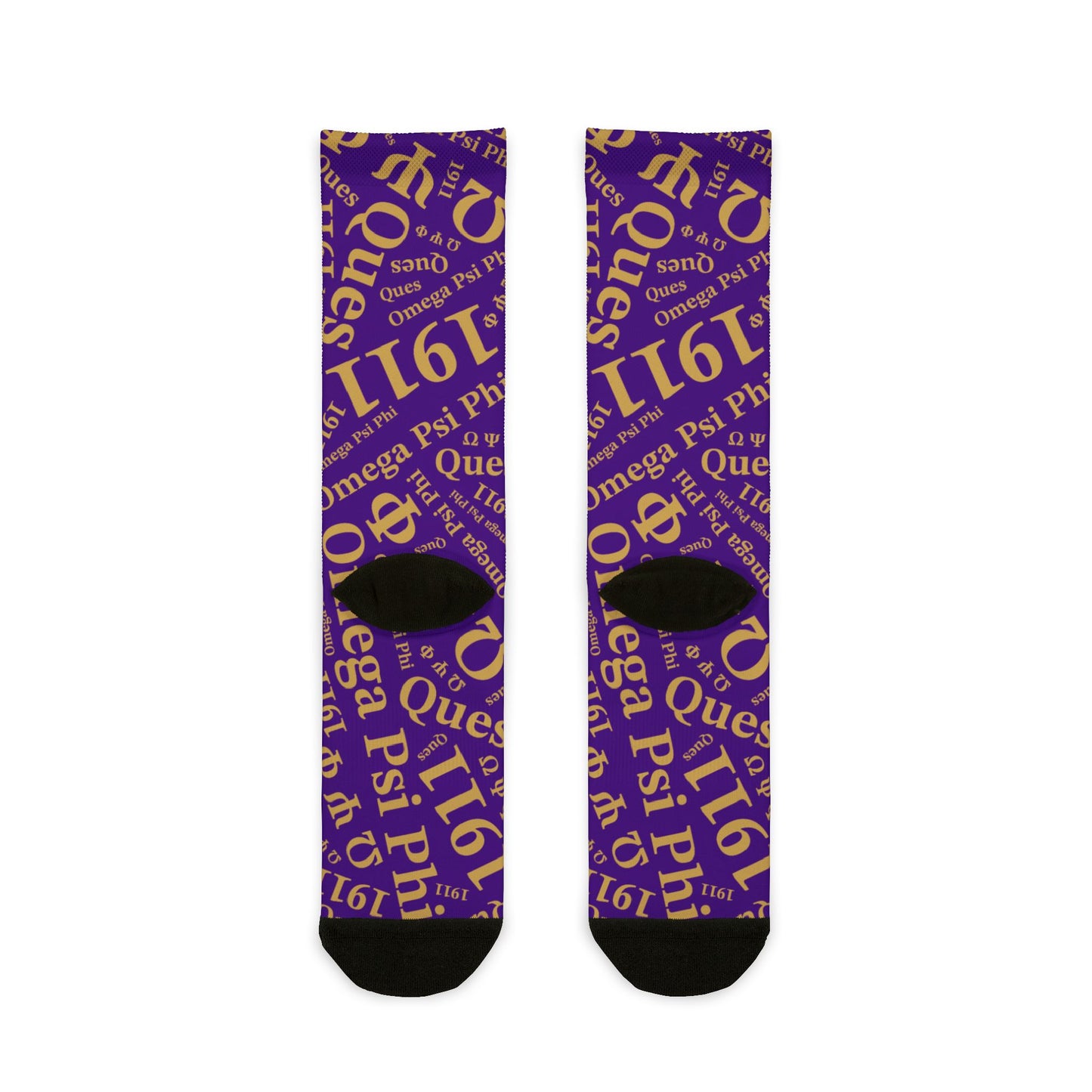 Omega Psi Phi Purple & Gold Patterned Crew Socks Ques Gear – Sublimation Greek Letter Design